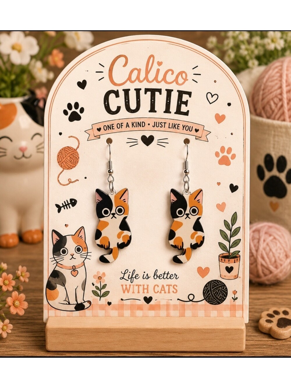 Fun Jewelry Meow Calico Kitty Cat Kitten Hypoallergenic Acrylic Earrings